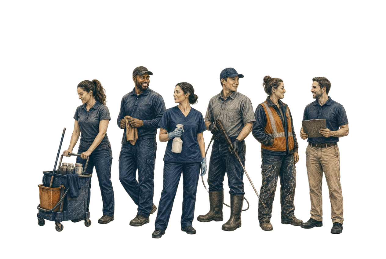 The Floweel cast — a candid commercial cleaning crew, editorial illustration